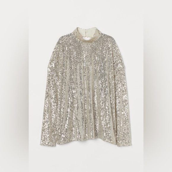 H&M | NWOT L/XL SEQUINED TOP WITH HIGH MOCK COLLAR LONG SLEEVED SHEER BLOUSE - Picture 1 of 8